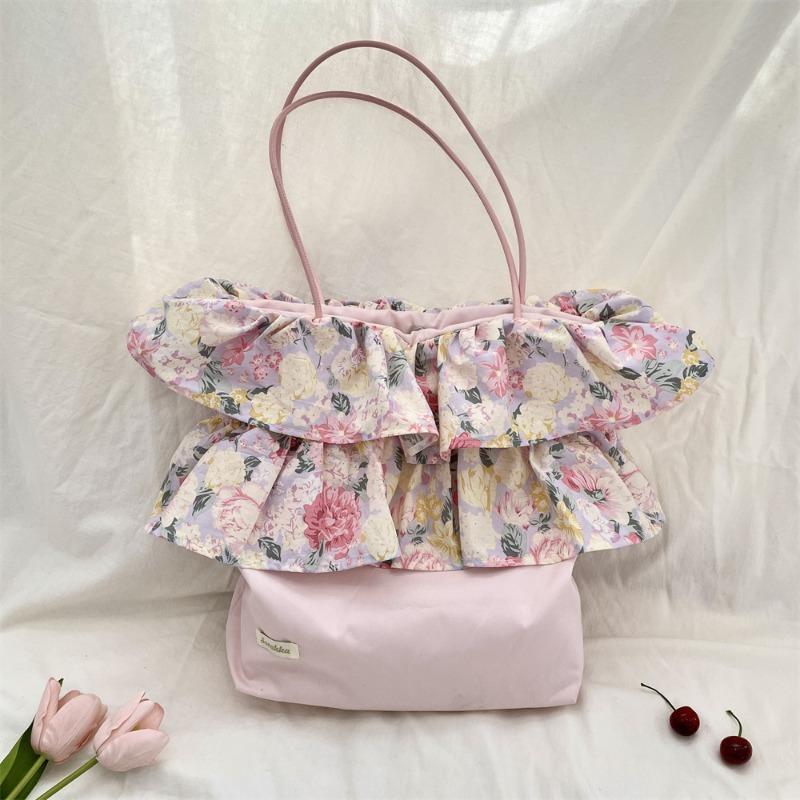 New Retro Rose Floral Splicing Shoulder Bag Women's Ruffle Edge Large-capacity Commuter Hand-held Underarm Bag