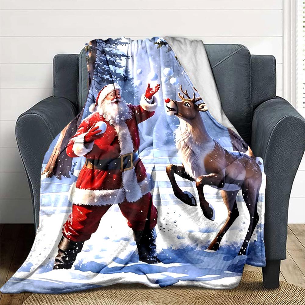 1pc Santa Claus Snowballs Blanket Lightweight Flannel Throw for Sofa Bed Travel Camping Livingroom Office Couch Chair