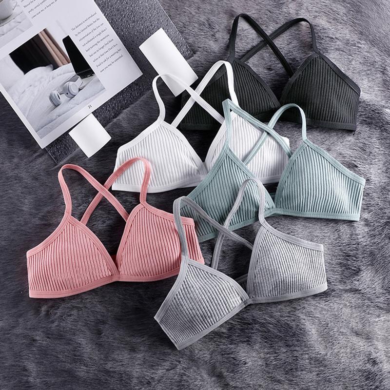Sutiãs de algodão confortáveis para mulheres, estilo esportivo fino, sem forro, sutiã sexy, decote em V profundo, triângulo, costas cruzadas, sutiã de beleza