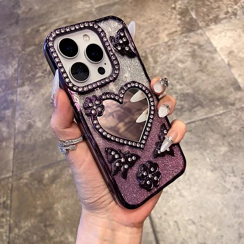 Farbverlauf Glitzer Schmetterling Hülle für iPhone 17 16 15 14 13 12 11 Pro Max Liebesherz Make-up Spiegel Diamant Linse Stoßfeste Abdeckung