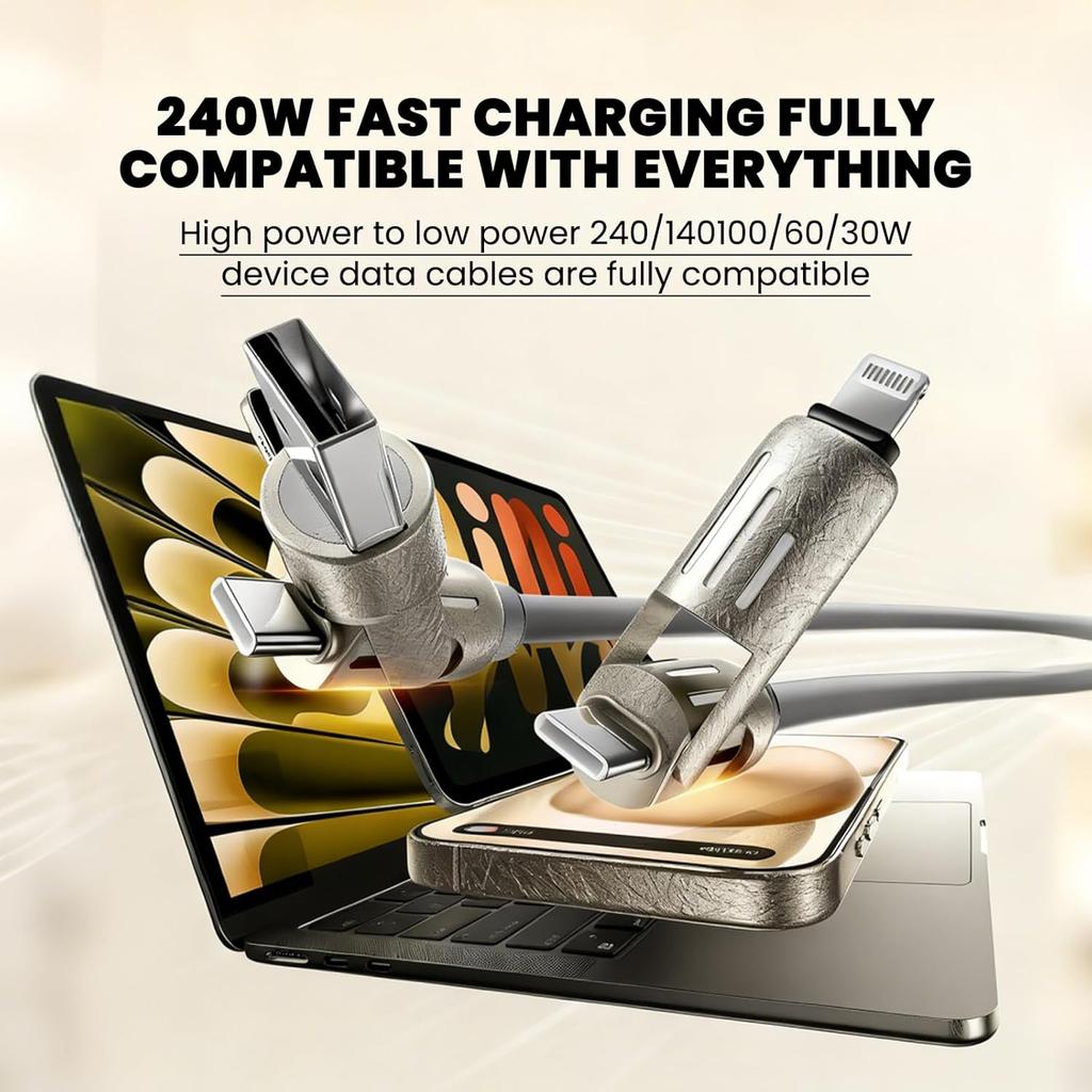 1.5M 4-in-1 Fast Charging Cable with LED Indicator 240W USB C  Universal Cable with Lightning/Micro-USB/Type-C Ports for All Phones Tablets Power