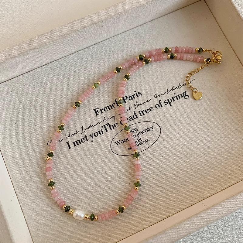 Women 14K Gold Plated Copper Chain Pink Green Natural Stone Freshwater Pearl Beaded Necklace Choker