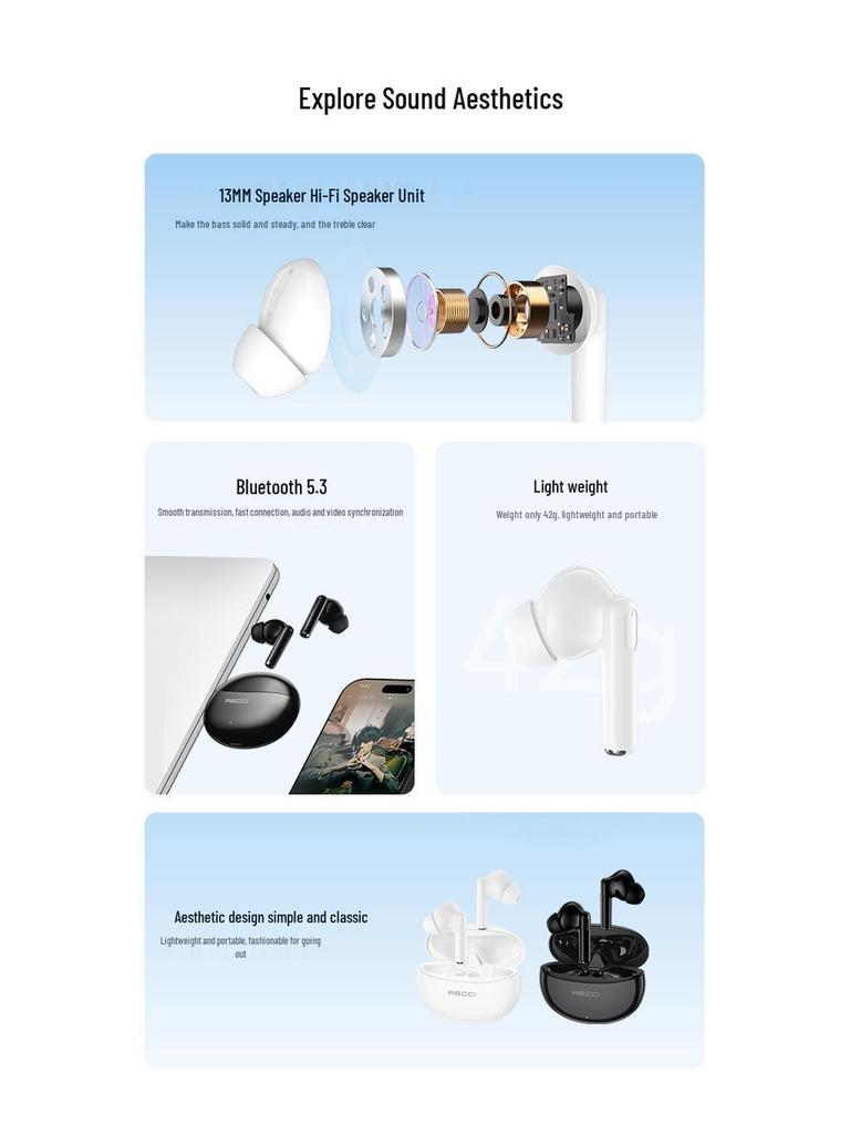 Recci REP-W99 Semi-In-Ear Bluetooth Headphones, True Wireless, High Sound Quality TWS 5.3