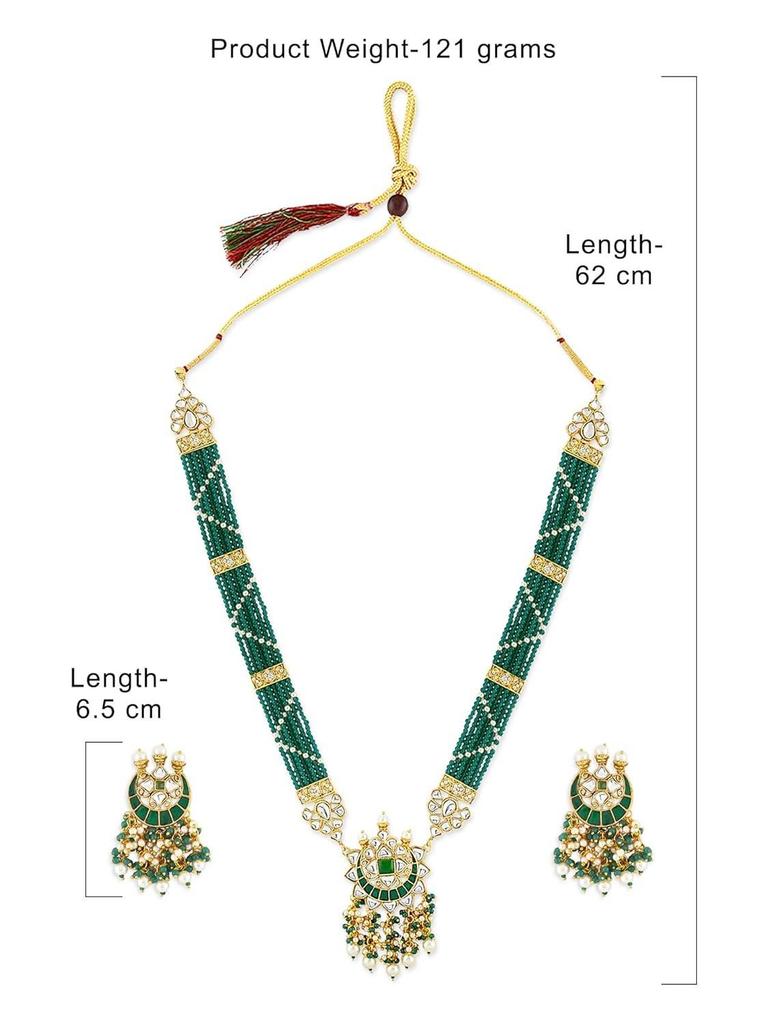 Green Beaded Meenakari Long Kundan Necklace Earring & Ring Set For Women
