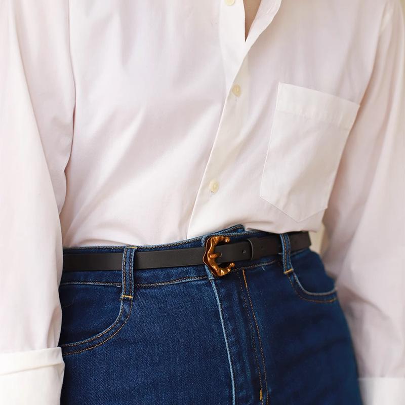 utumn and winter gold buckle leather thin belt women's design sense niche denim skirt dress versatile calf belt
