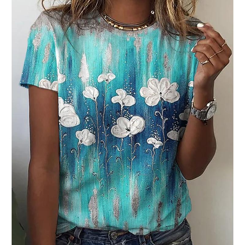 

Женская летняя футболка тренд принт розы ретро мода футболки с коротким рукавом повседневные принтованные топы 5XL зелёный