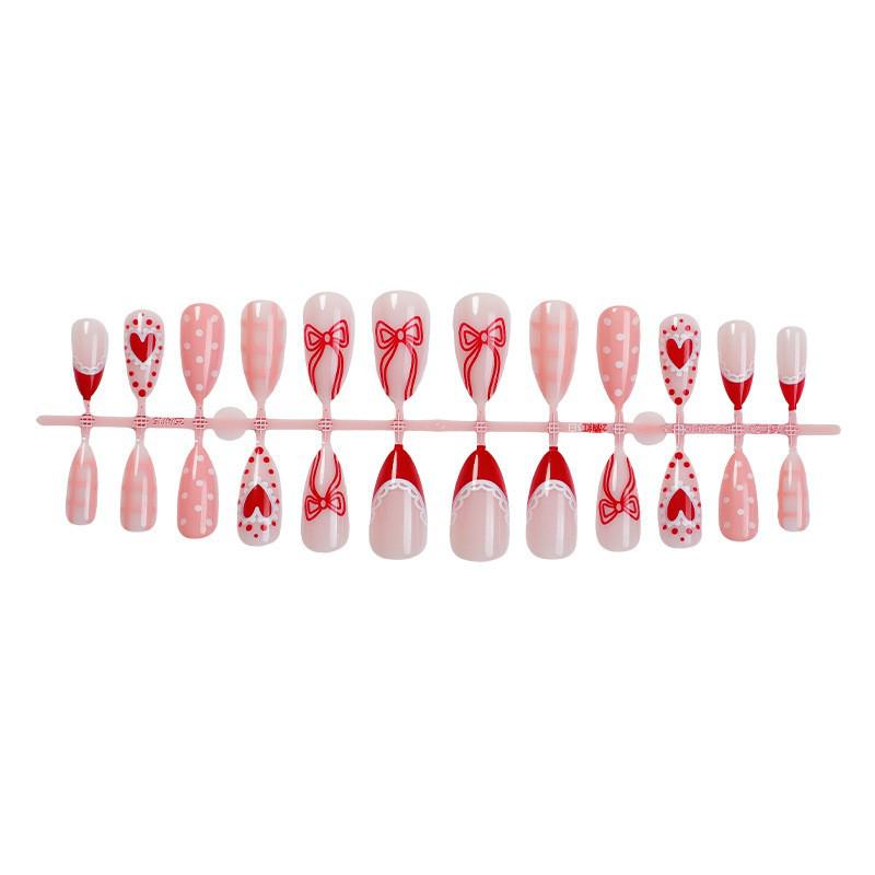 

Valentine s Day Pink Bow Heart Press-on Nails - Sweet French Plaid and Polka Dot Design