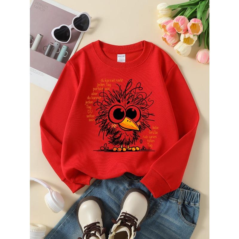 Europäische Größen Mädchen Rundhals-Sweatshirt Bunte Vögel mit Text & Grün, Weiche Bequeme Sportbekleidung für Kinder & Jugendliche
