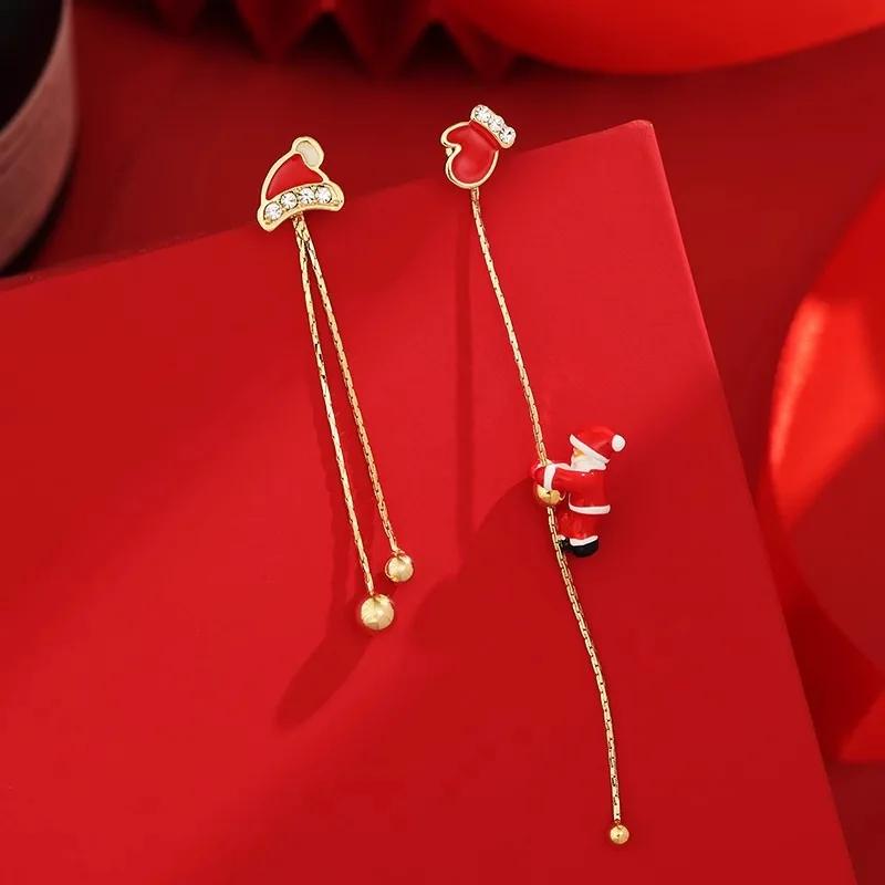 New Design Asymmetric Snowflake Christmas Boot Hat Drop Earrings for Women Moving Santa Claus Long Tassel Earring Party Zircon
