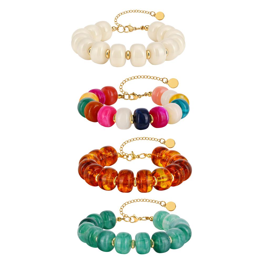 Bohemian Multi Color Resin Bead Bracelet for Women,18K Gold Plated Stainless Steel, Waterproof Summer Beach Vacation Jewelry