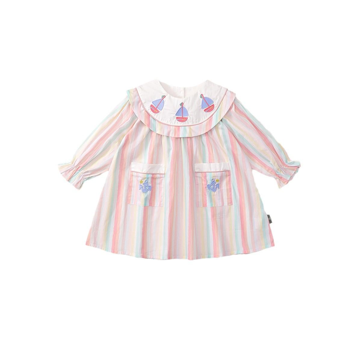 

Милое полосатое вышитое платье для девочек 2024 года, новое платье принцессы из хлопка с длинными рукавами для маленьких девочек 130cm розовый