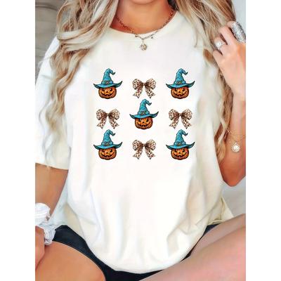 Taglie Europee Donna Maglietta Stampa Cartone Animato Zucca Mago Halloween, Girocollo Casual, Manica Corta, Dettaglio a Coste