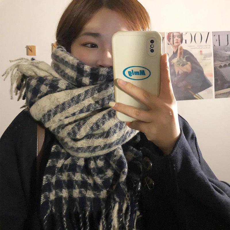2025 Winter New Scarf Women'S Imitation Cashmere Extended Thousand Bird Plaid Scarf Scarf Neck Tassel Shawl