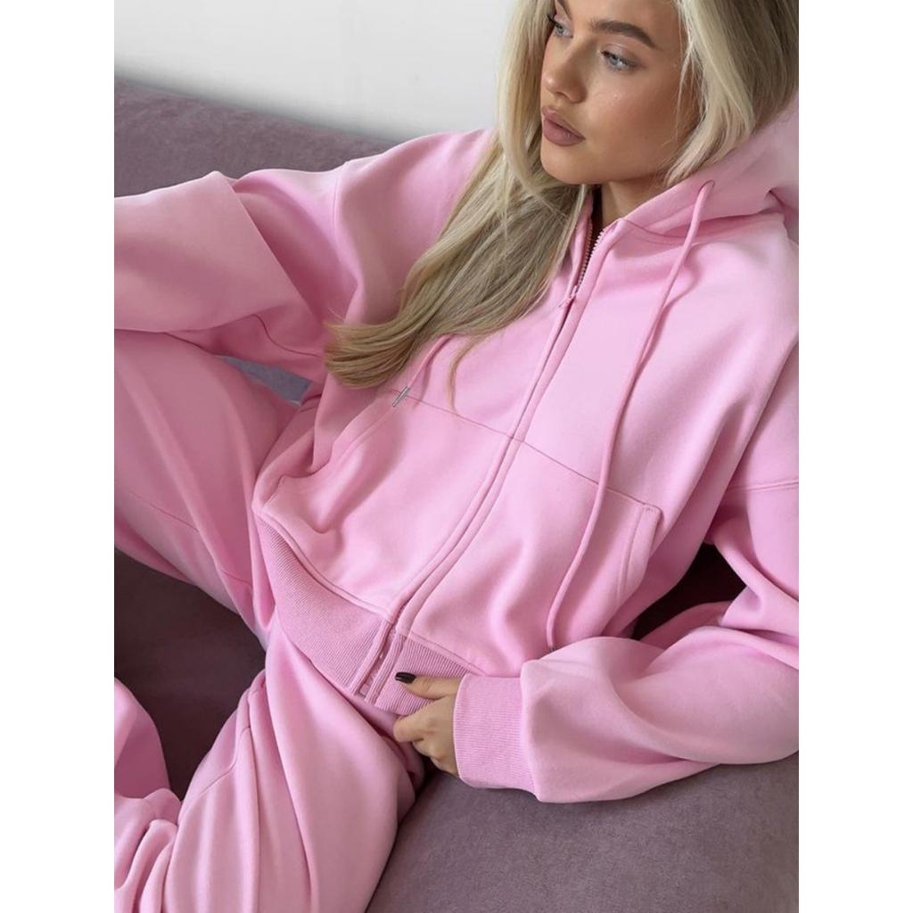 Women's New Zipper Hooded Sports Cardigan with Tie Up Pants Two-piece Casual Set