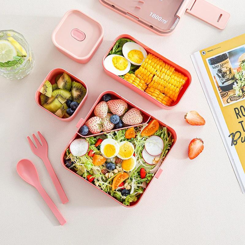 2 Layer Portable Leakproof Snack Lunch Bento Box Food Storage Container Office Kid Student Microwave Dinnerware Fork Spoon Set