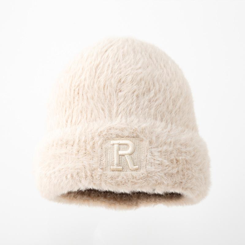 Korean New Winter Hat for Women's Big Head Wing Letter Wool Hat Imitation Mink Hair Autumn and Winter Warm Knit Hat Trend