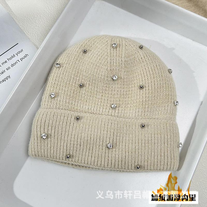 Autumn and winter new plush thickened wool hat women's trendy diamond-encrusted wool cold hat warm knitted hat pullover hat
