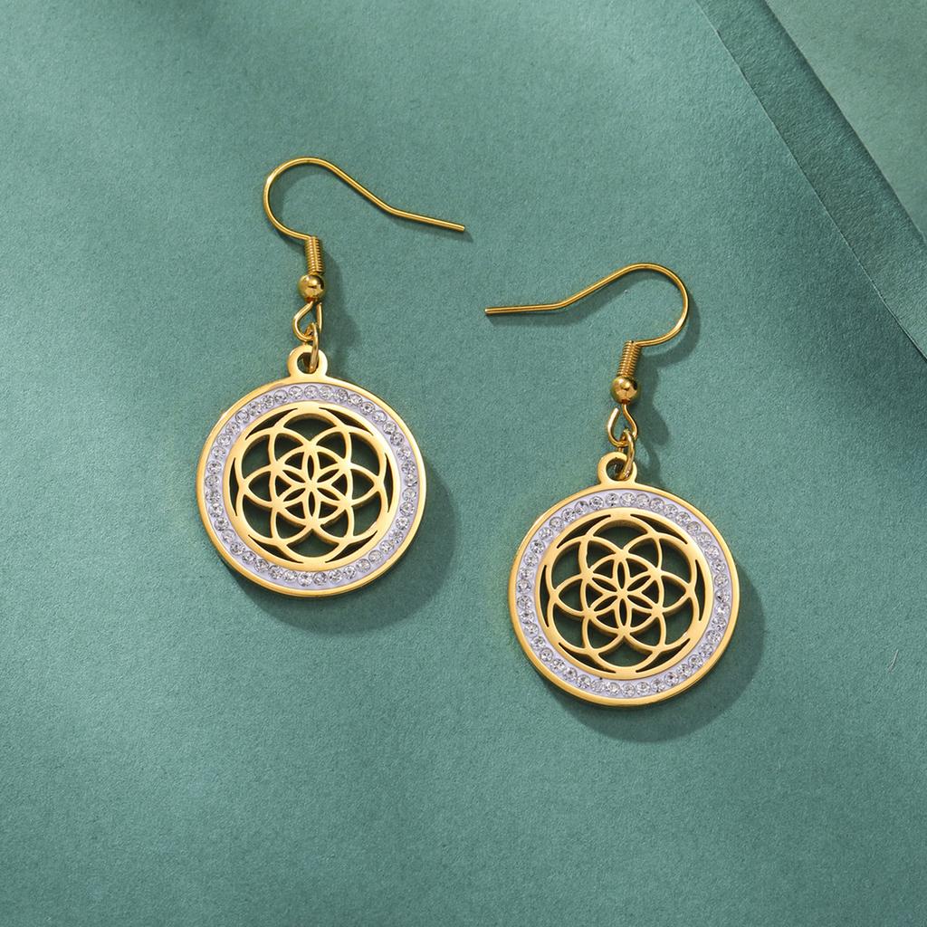Seed of Life Chakra Flower Dangle Earrings Stainless Steel Gold Clear Zircon Round Earring Sacred Geometry Jewelry