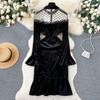 Toamna Femei Vintage Negru Mesh Catifea Patchwork Slim Bodycon Party Rochii coada de pește