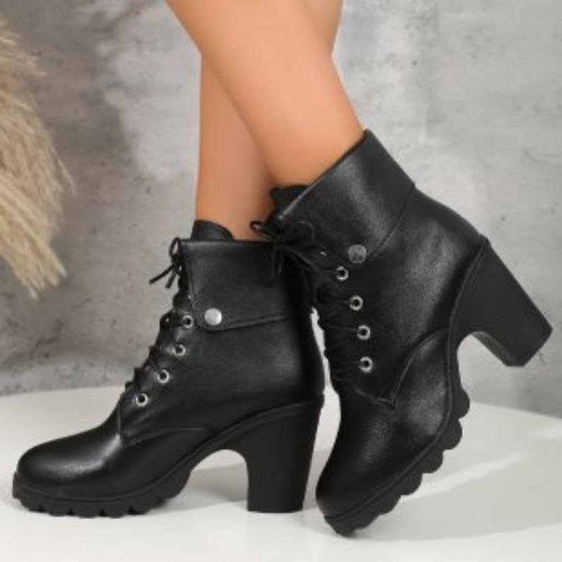 Women's Low Boots Autumn and Winter New European and American Foreign Trade Large Size Short Boots High Heel Round Head Lace Up Thick Heel