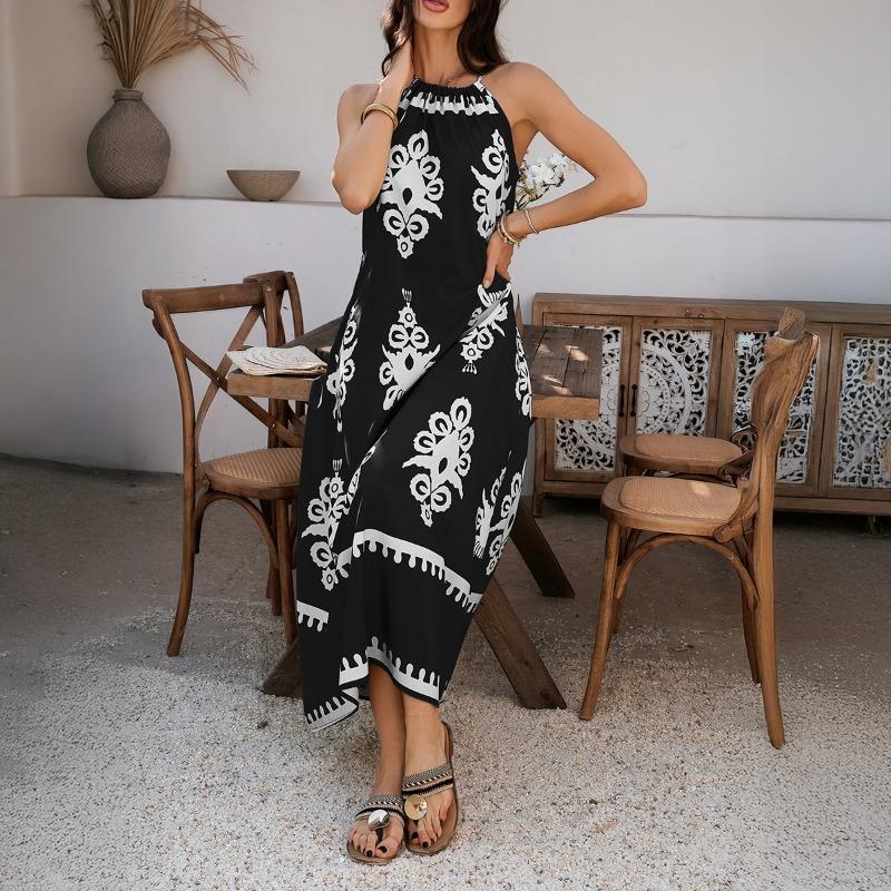 

Women s Casual Boho Resort Style Collision Color Hanging Neck Sleeveless Dresses S чорний