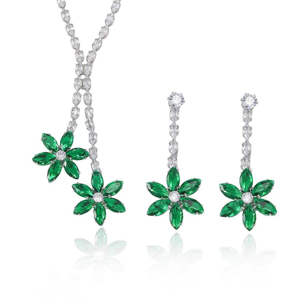 European & American Style Zircon Emerald Necklace & Plum Blossom Earrings Set
