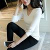 2023 Autumn Long Sleeve Sweater Women Winter Spring Pullover Solid Black White Knitted Sweater Top Wave Cut V-neck Basic Office