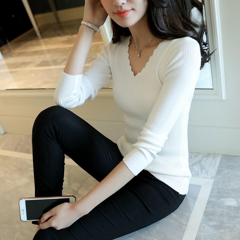 2023 Autumn Long Sleeve Sweater Women Winter Spring Pullover Solid Black White Knitted Sweater Top Wave Cut V-neck Basic Office