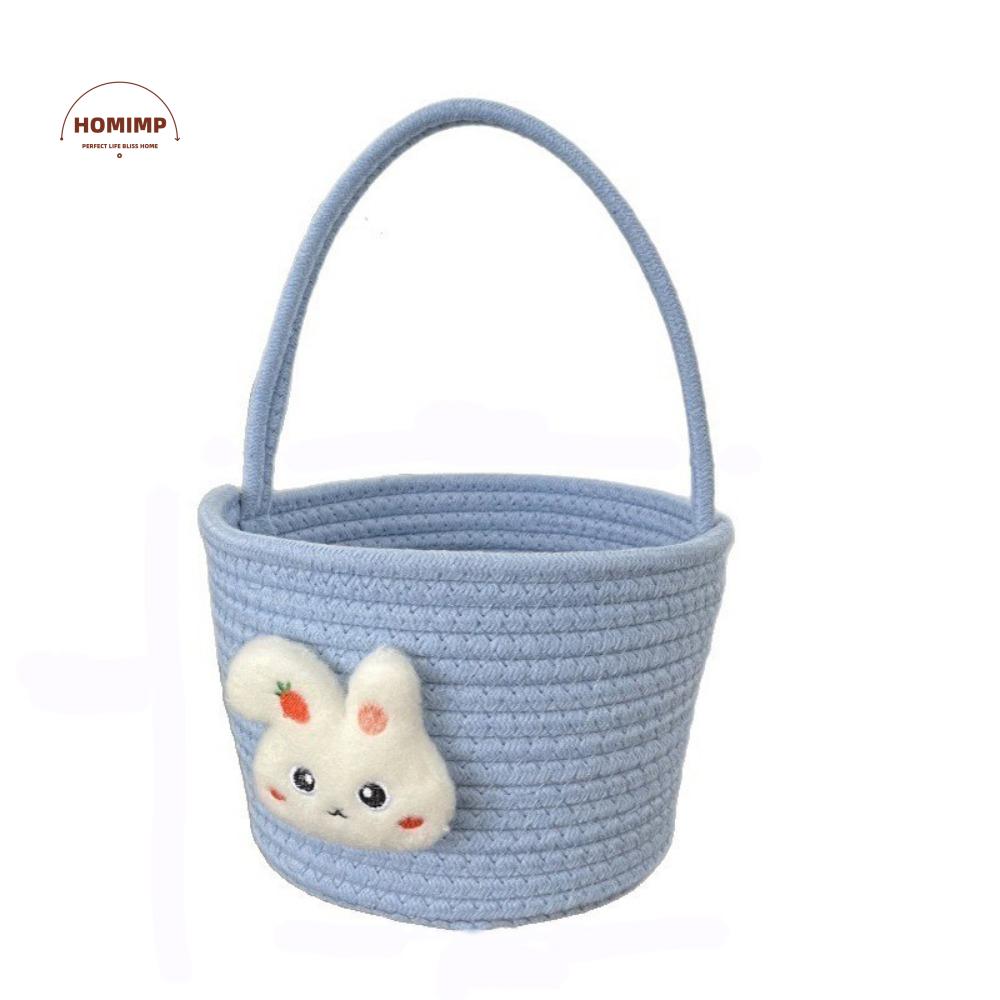Cartoon Easter Gift Basket Cotton Thread Hand-Woven Easter Bunny Basket Long Handle Multi-Purpose Tote Basket Easter Celebration