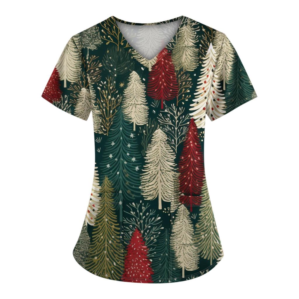 Women's Christmas Printed  Uniform Work Uniform V Neck Pocket Protective Uniform