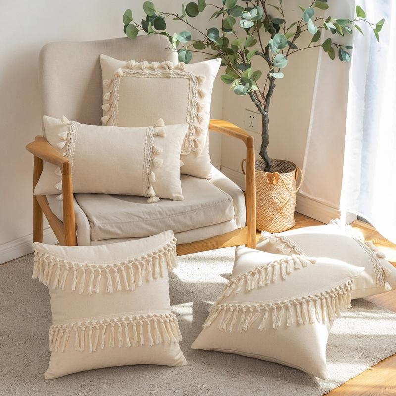 Soft Cotton-ramie Pillow Covers, European Style With Tassels Cushion Cover Shell for Sofa Bedroom Cream Beige Stylish
