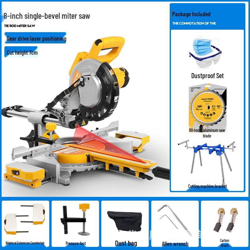 LUXTER 8-inch Sliding Compound Miter Saw with Single Bevel, Aluminum Cutting, Laser Guide, and 45° Woodworking Capability.