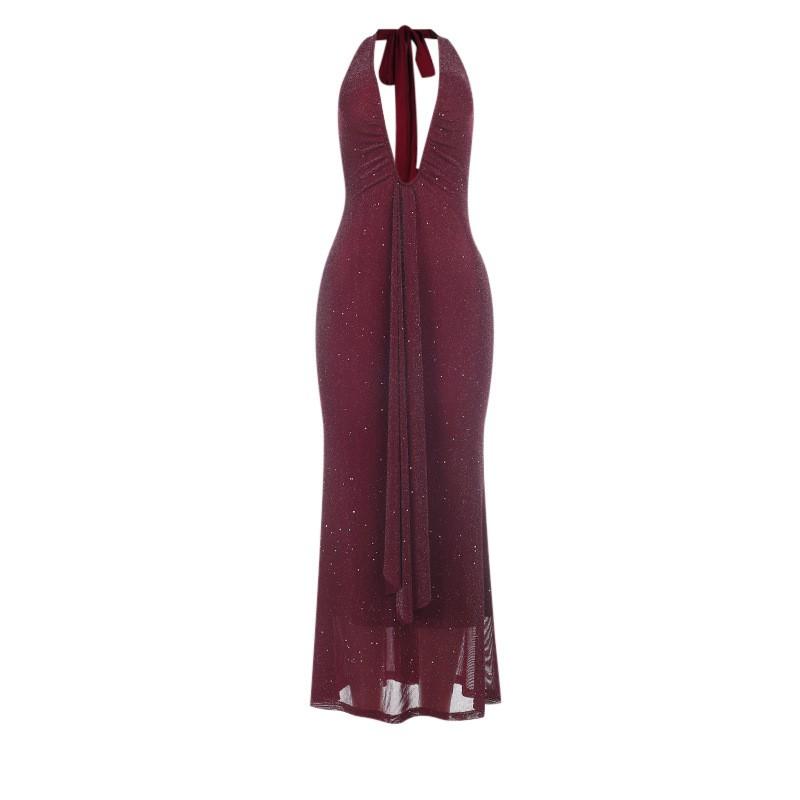XY25524PFO Backless Maxi Dress Sexy Halter Shiny Ribbon Party Women