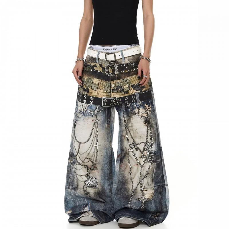 High-Waisted Punk Rock 3D Printed Denim Jeans Women Loose Fit Streetwear Hiphop Style Wide Leg Pants