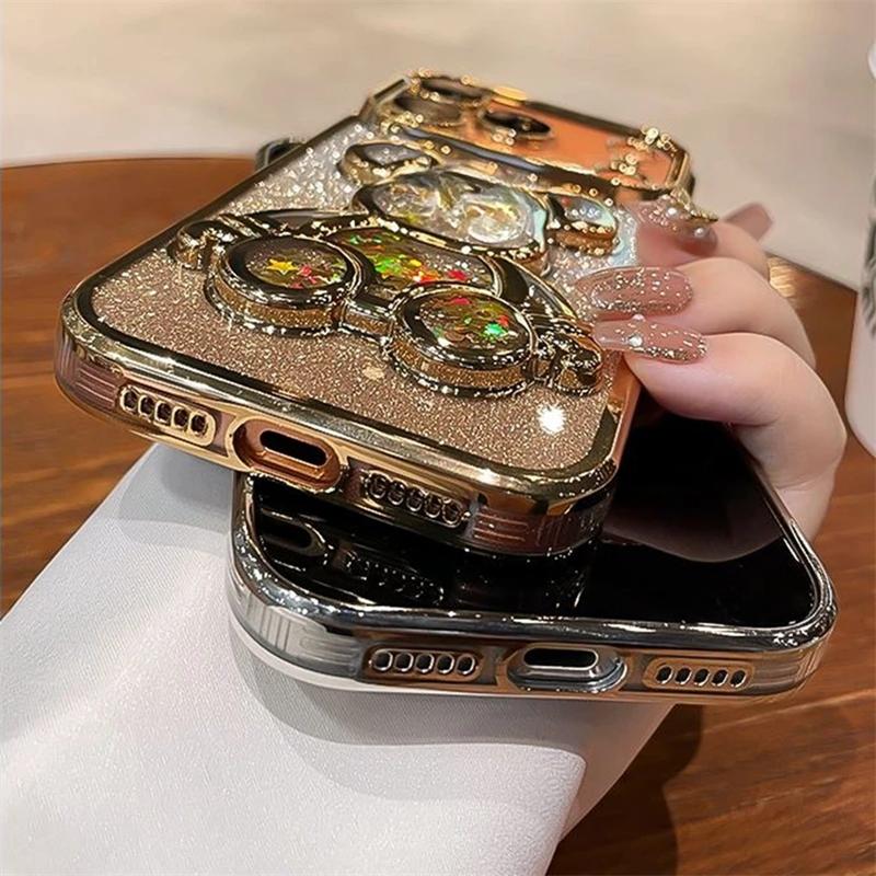 Niedliche Vergoldung Treibsand Bärenhülle für iPhone 17 16 15 14 13 12 11 Pro Max Plus Air Luxus Glitzer Bling Kameraschutzhülle