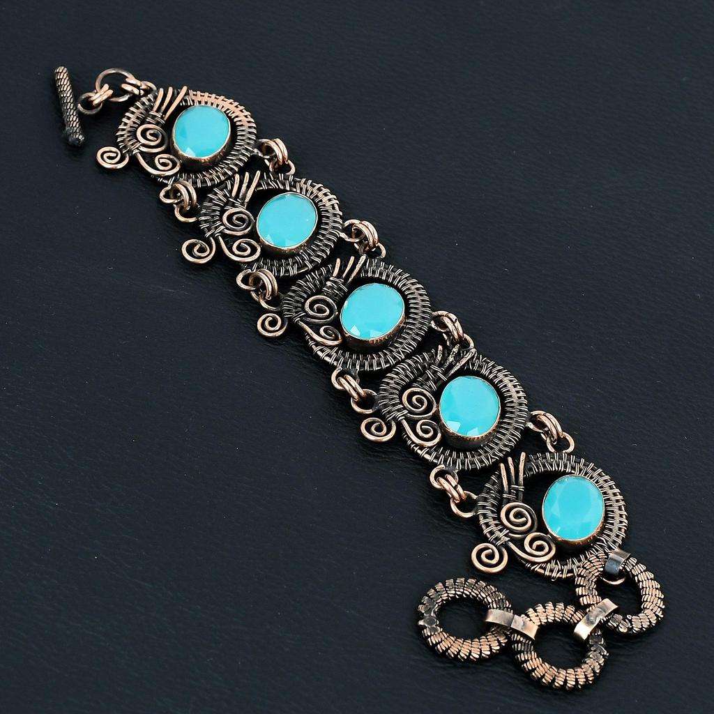 Amazing Blue Chalcedony Gemstone Handmade Pure Copper Wire Wrapped Bracelet Jewelry