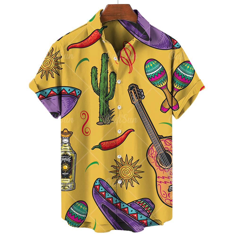 Vintage Erkek Gömleği Meksika stili 3D Baskı Erkek Giyim Yazlık Günlük Hawaii Plajı Hawaii Harajuku Modası Tatil Gömleği