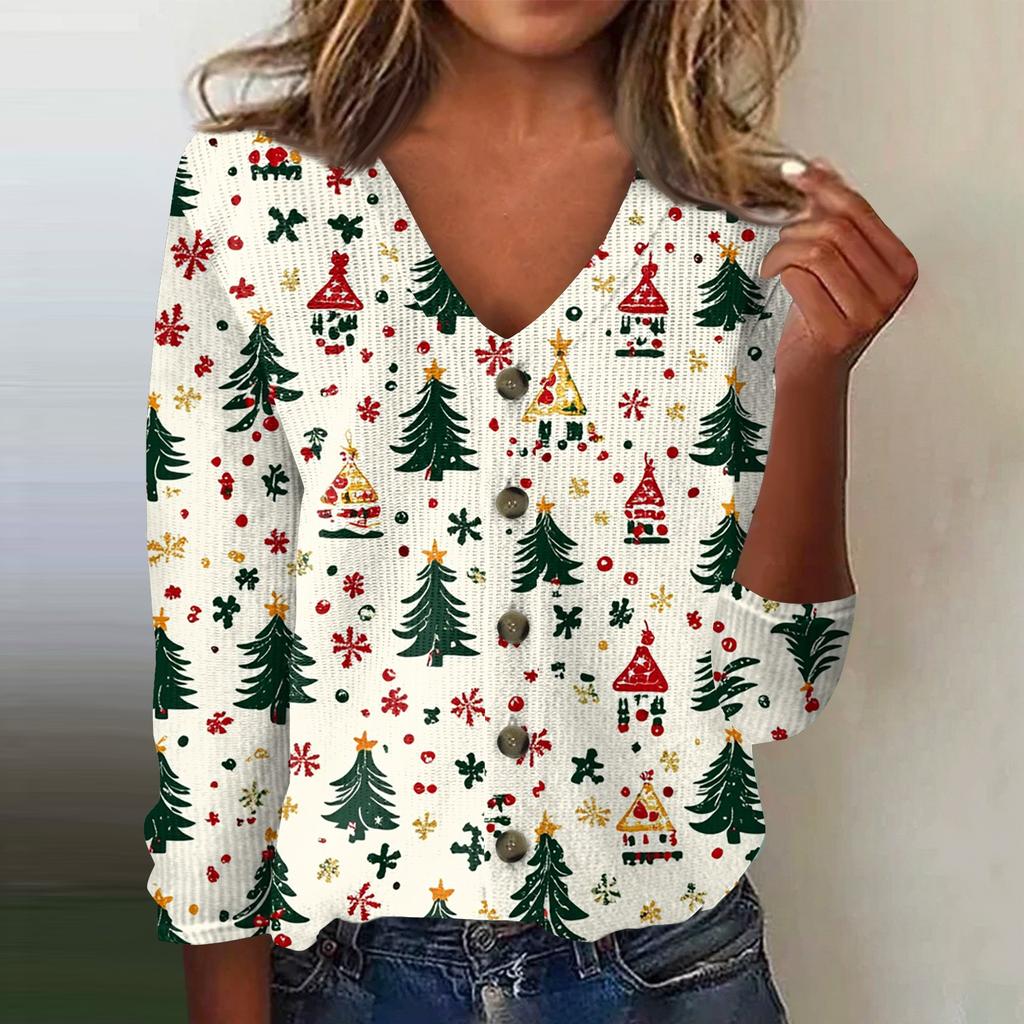 Women's Fashion Print Long Sleeve Knitted Cardigan Button Up Jacket