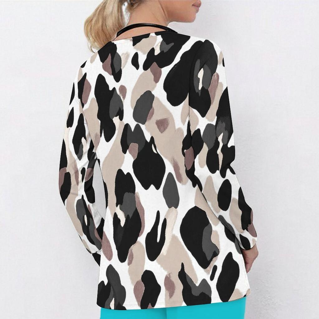 Women Plus Size V Neck Long Sleeve Printed Blue White Nurse Scrub Top With Front Pockets