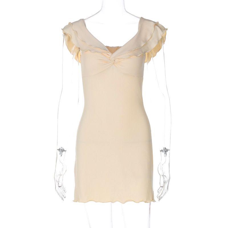 

Fashion Style Sexy Cross V-neck Strap Dress Women s Summer Flanging Sleeveless High Waist Silm Figure Flattering Short Skirt Apricot L