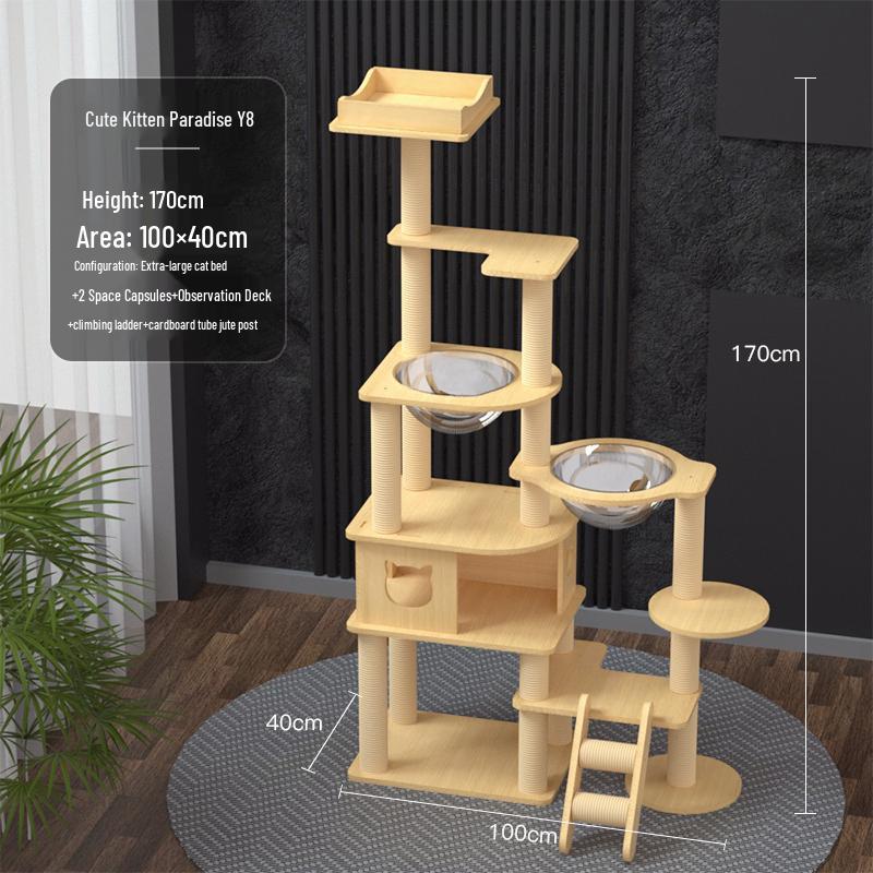 Compact Solid Wood Cat Tree with Climbing Frame & Space Capsule Bed for Large & Small Homes