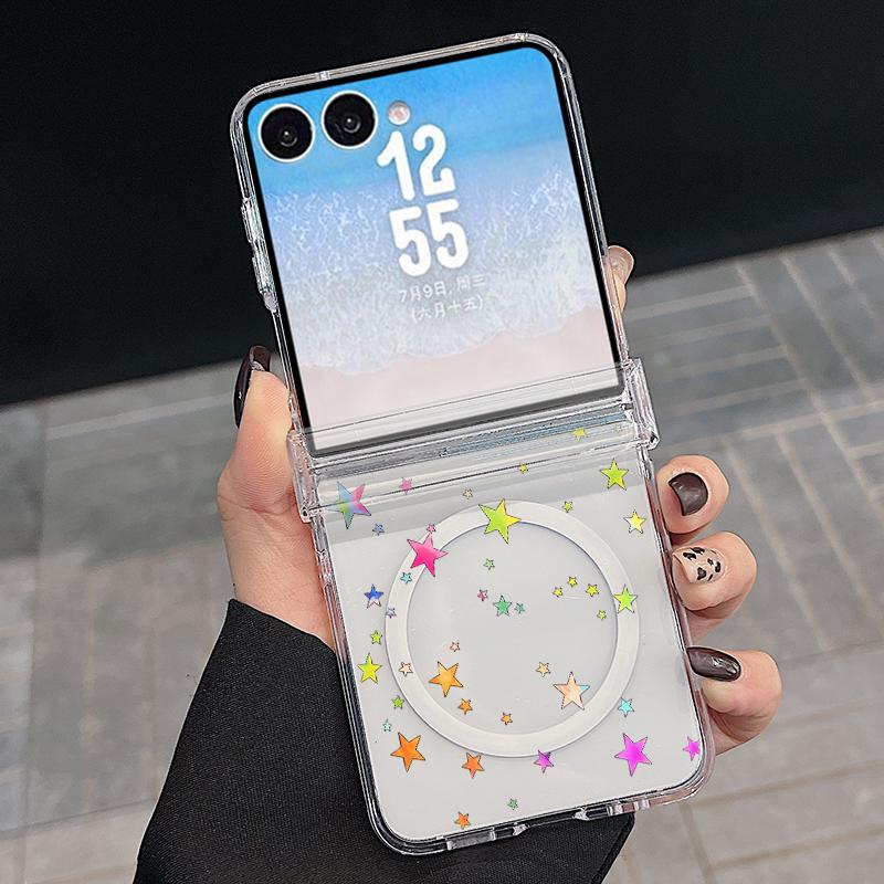 Colorful Stars Print Case For Samsung Galaxy Z Flip 8 7 FE 6 5 Z Flip8 Flip7 Flip6 Magnetic Clear Hard PC Folding Phone Cover