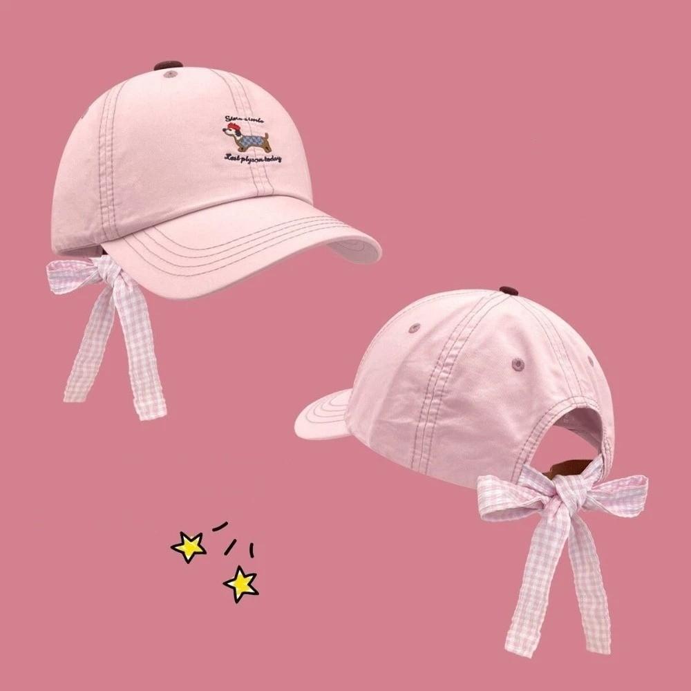 

New Breathable Baseball Cap Embroidered Dog Sun Protection Duckbill Hat Korean Style Bow Tie Sun Hat Spring/Summer Caps розовый