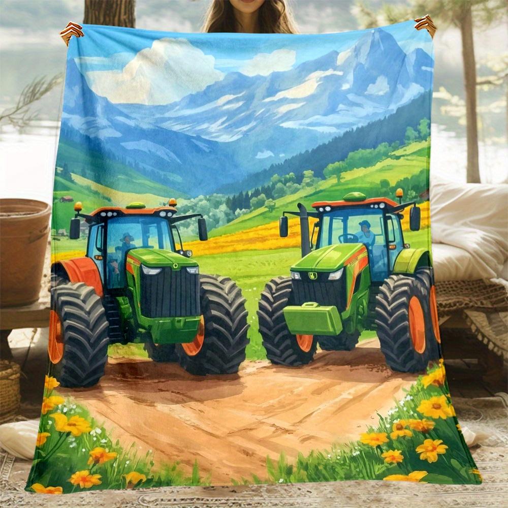 Tractor Farm Scene Fleece Blanket Rural Landscape Agricultural Machinery Soft Plush Throw For Kids Adults Home DecorFarmingLover