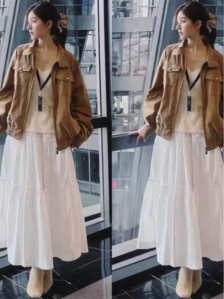 Zhao Lusi-Inspired 2025 Autumn Casual Jacket & Knitted Skirt Set