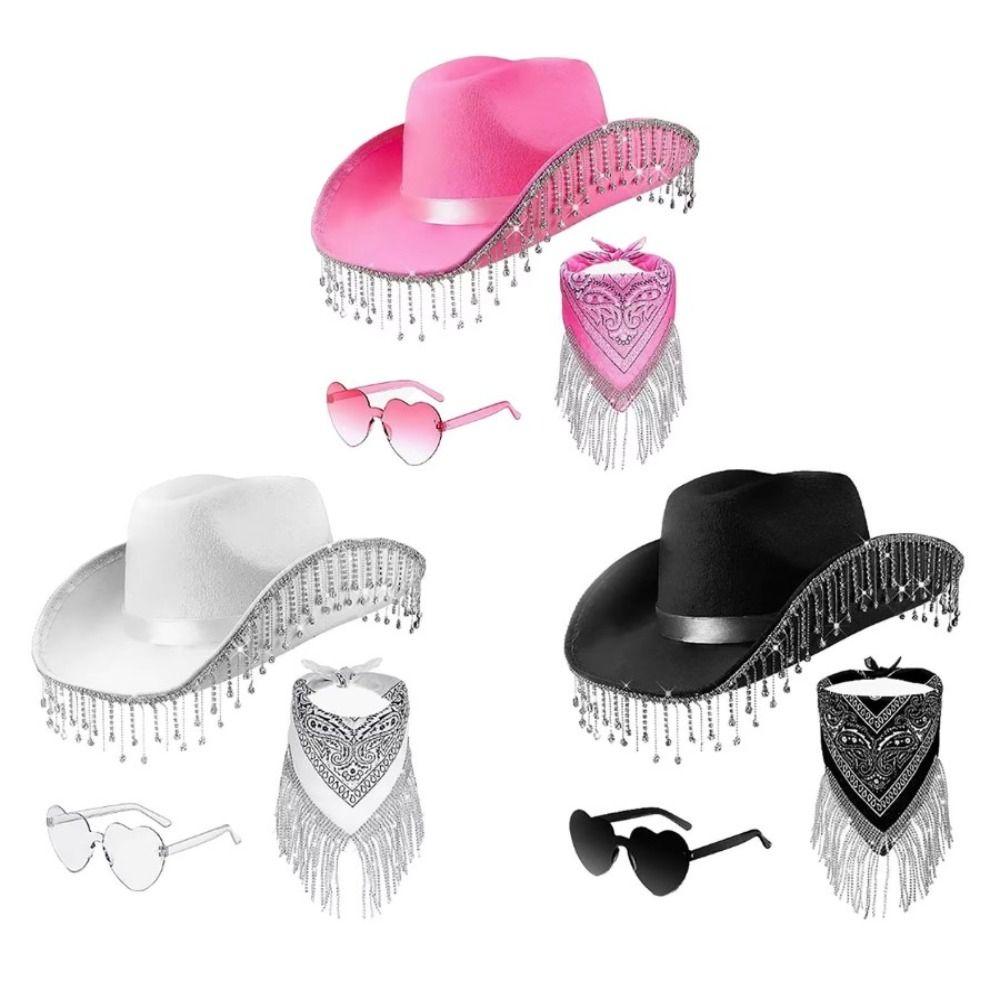 3pcs/Set Bandana Stage Performance Hat Heart Sunglasses Rhinestone Tassel Western Cowboy Hat 3pcs/Set Solid Color