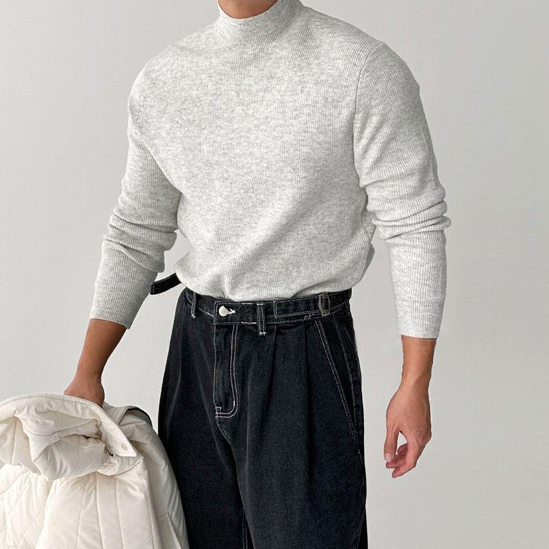 Retro Chic Men's Semi Pullovers High Street High Neck Casual Trend Korean Solid Color Niche Interior Vintage All-match Sweaters