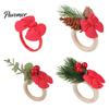 Bulk Napkin Rings for Hotel Mini Christmas Ring, Small Red Bow Wooden Holder with Farmhouse Dining Table Decor Berries Pine Cones New Year Party