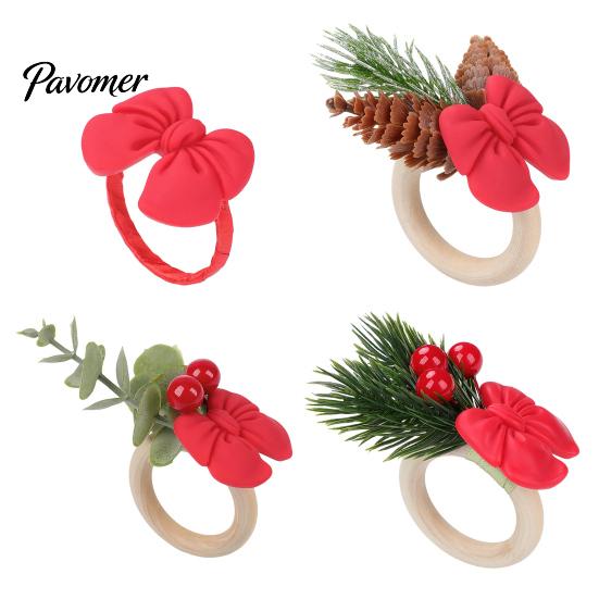 Bulk Napkin Rings for Hotel Mini Christmas Ring, Small Red Bow Wooden Holder with Farmhouse Dining Table Decor Berries Pine Cones New Year Party