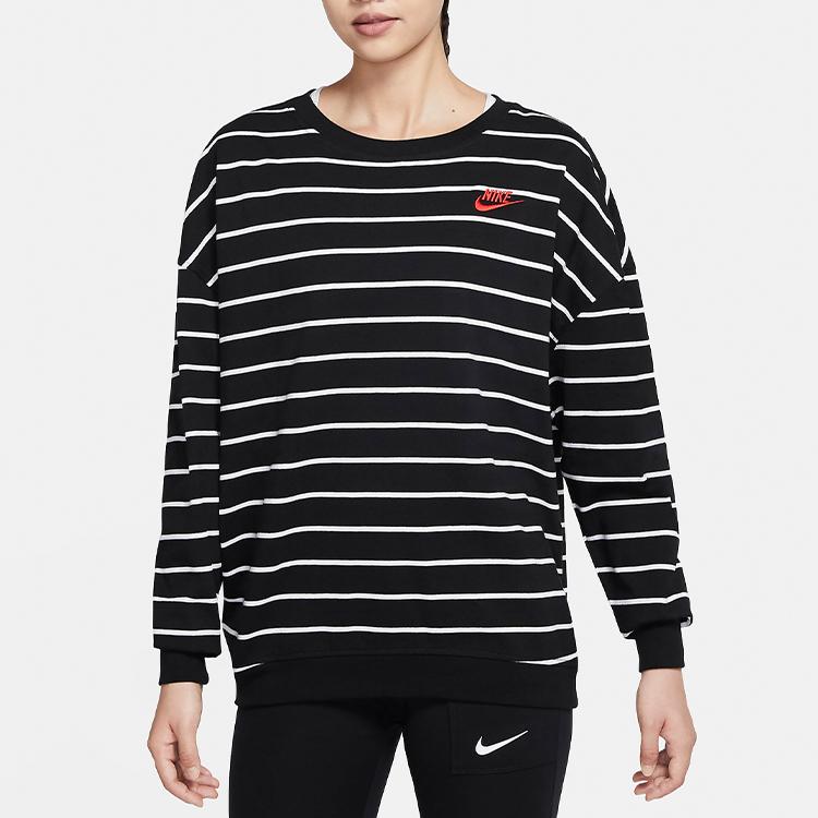 Nike Sportbekleidung Lockerer Schnitt Logo Rundhals Gestreift Atmungsaktiv Warm Lässiger Pullover Langarm T-Shirt Damen Tops Schwarz DJ9305-016